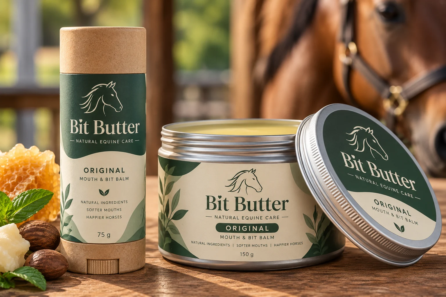 Bit Butter 75 g push-up tube and 150 g tub on timber with a horse in the background