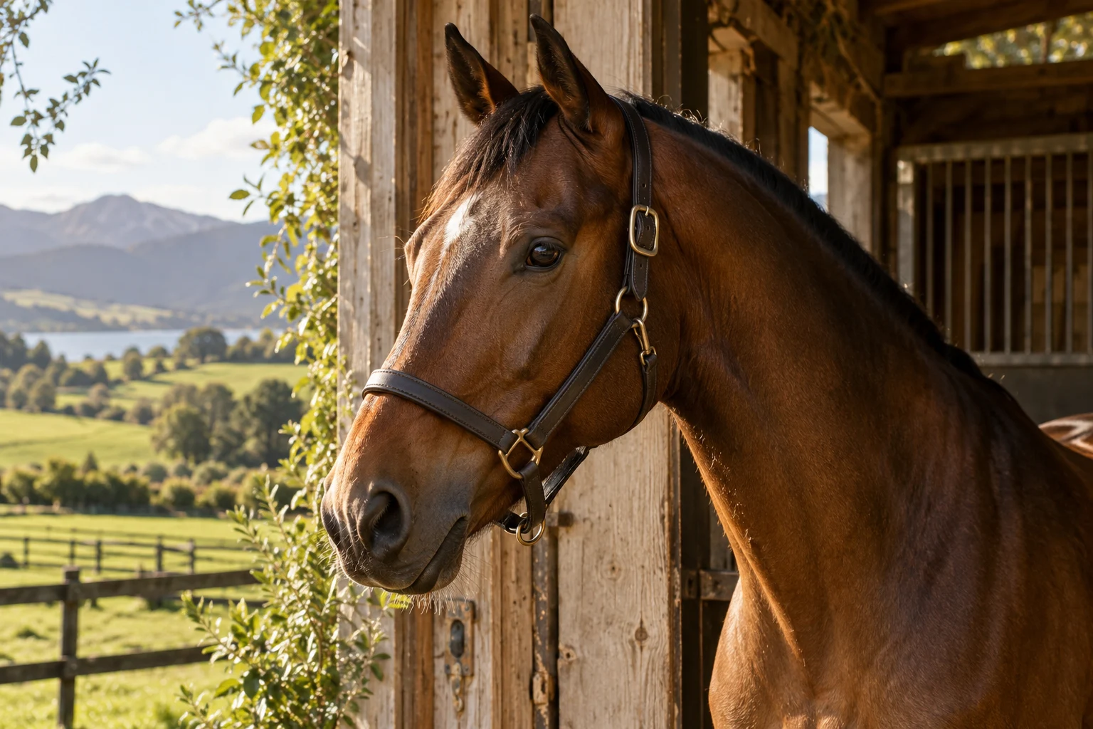 Bay horse wearing a halter at a sunlit stable doorway